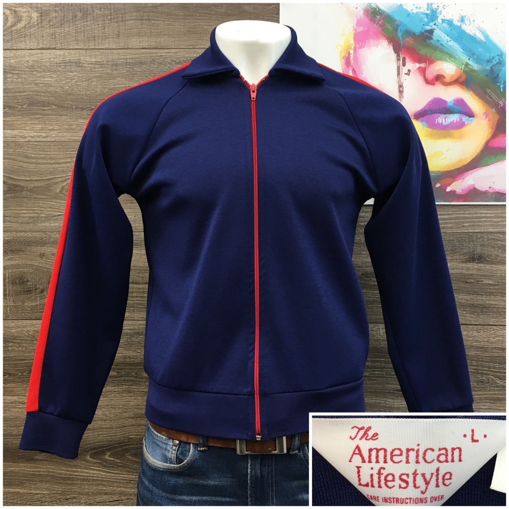 Vintage American Lifestyle Track Jacket Mens Large Blue Red Stripe Zip Up USA